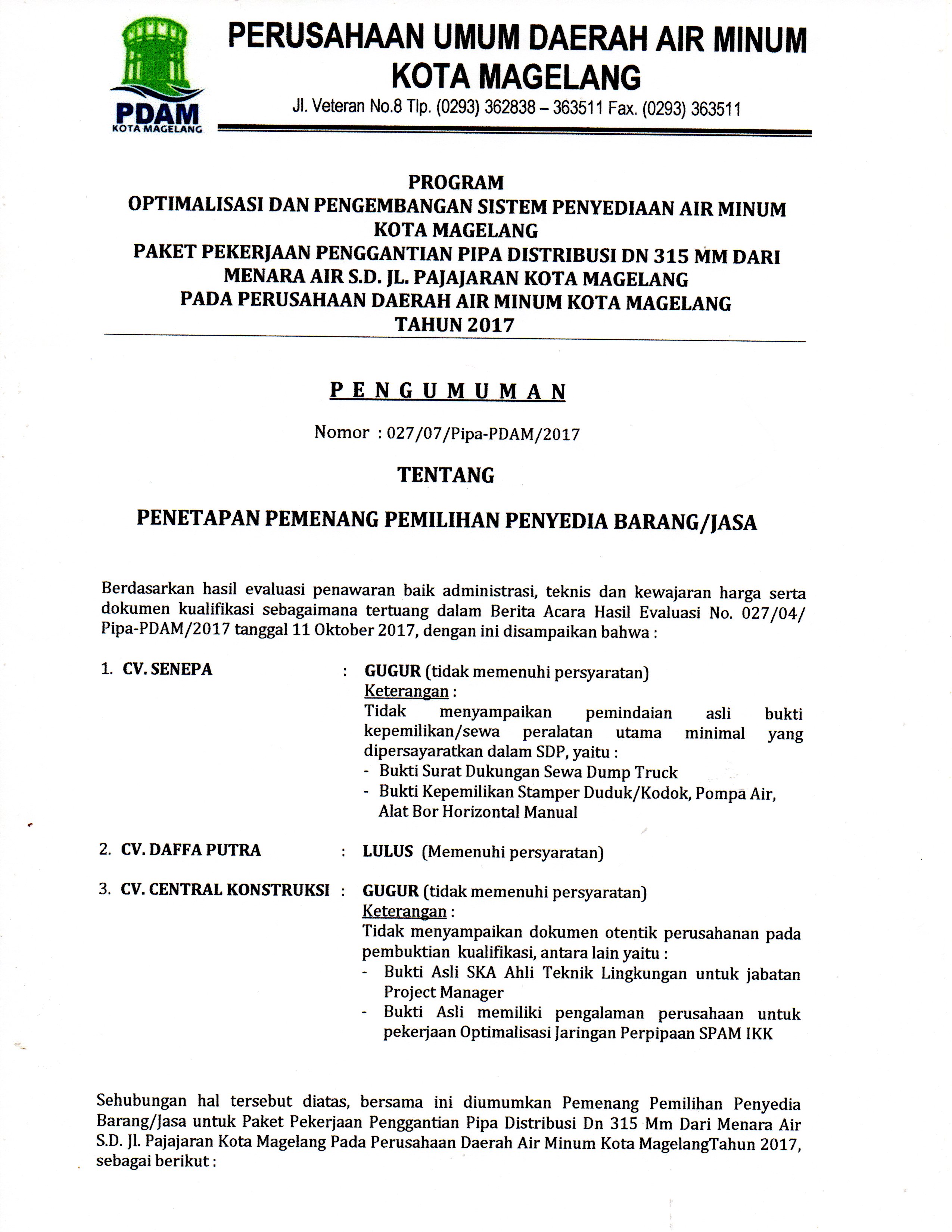 Surat Keterangan Tidak Berlangganan Pdam Pasokan Air Pam Di